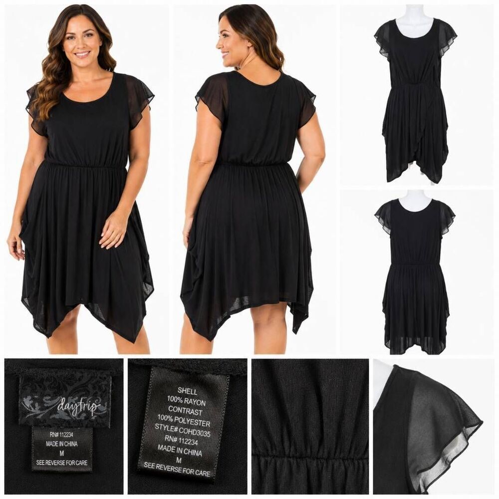 Daytrip M Black Sheer Flutter Sleeve Hi-Low Dress